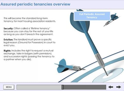 A presentation slide titled 'Assured periodic tenancies overview' with explanatory text about security, eviction, and rights, plus a graphic of three blue-and-silver darts aiming at a target on a white background.