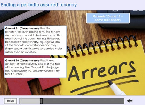 A close-up of a spiral-bound notepad on a wooden surface, with the word 'Arrears' written in black marker. Two white text boxes explain legal grounds for eviction, and a yellow sticky note is partially visible underneath.