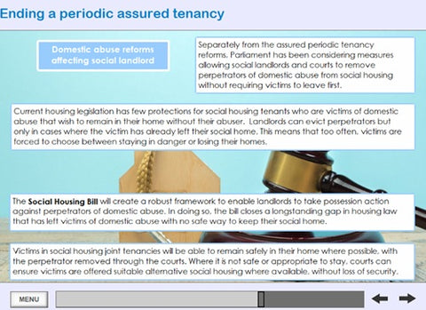 A digital infographic slide titled 'Ending a periodic assured tenancy' with text panels, a small illustration of a hand holding a gavel, and a progress slider at the bottom.