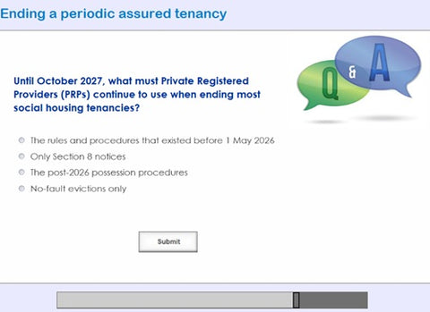 A digital screenshot of a legal or informational quiz page with the heading 'Ending a periodic assured tenancy' and multiple-choice questions about Private Registered Providers (PRPs) and Section 8 notices. There are two speech-bubble graphics containing the letters Q and A, and a gray progress bar at the bottom.