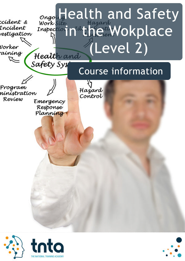 A person pointing to a diagram on a wall, illustrating a health and safety training course with various sections such as 'Health and Safety System', 'Course Information', 'Programme Overview', and 'Assessment'.