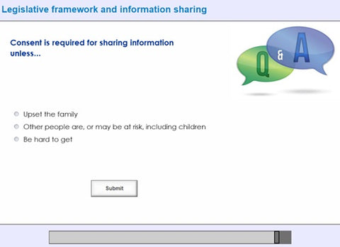 Screen with text about safeguarding consent for information sharing and a question mark and answer icon.