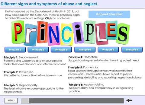 Educational slide about safeguarding principles with colorful text.