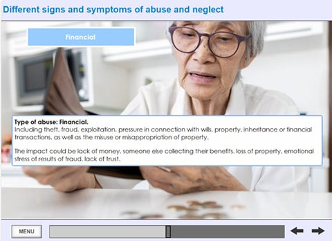 Educational slide about financial abuse and neglect with an elderly woman.