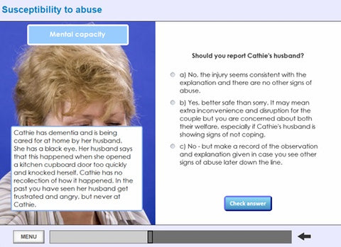 Screen shot of a decision-making quiz about reporting abuse, featuring a woman with dementia and her husband.