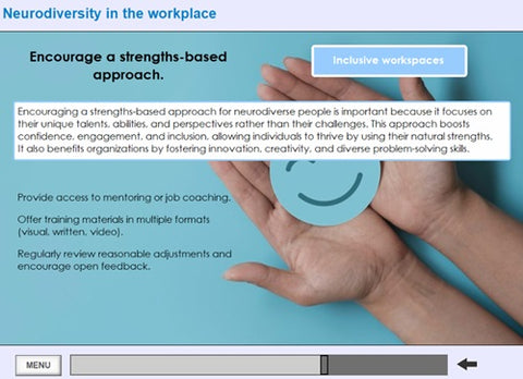 Hand holding a smiley face card with text about neurodiversity in the workplace on a blue background