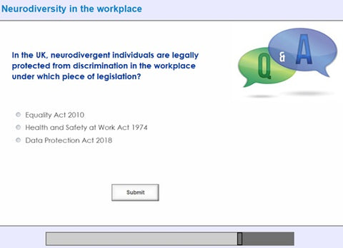Quiz question about neurodiversity legislation in the workplace on a computer screen.