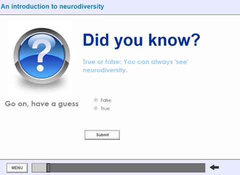 Educational quiz interface about neurodiversity with a question and answer options.