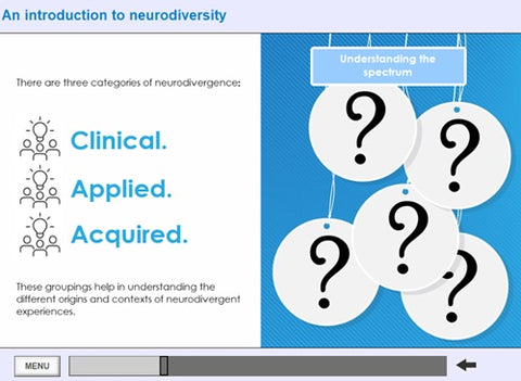Educational slide about neurodiversity with categories 'Clinical', 'Applied', and 'Acquired' on a blue background.