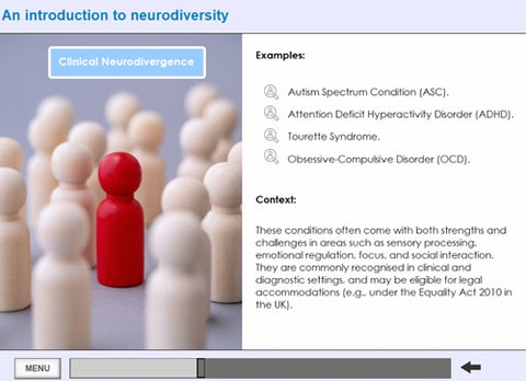 Educational slide about clinical neurodivergence with wooden figures and a red figure.