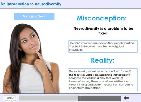 Educational slide about neurodiversity with a woman pointing to her chin, questioning the misconception.