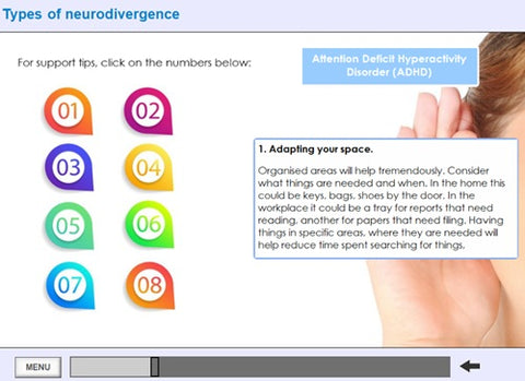 Educational slide about neurodivergence types with colorful numbered labels and text.