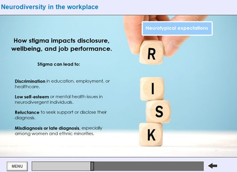 Wooden blocks spelling 'RISK' with text about neurodiversity stigma in the workplace.