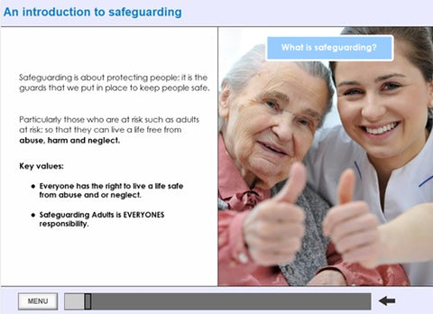 Image of elderly lady with a carer, explaining everyone has the right to live free from neglect, harm and abuse