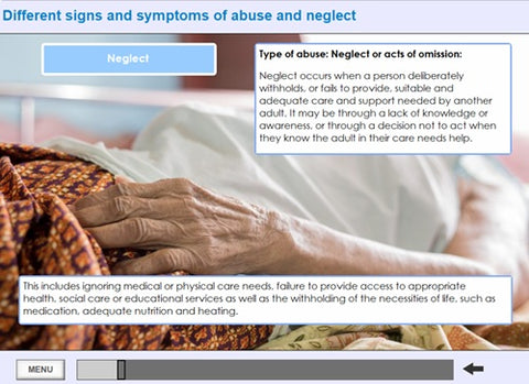 Educational slide about neglect in abuse and neglect with a close-up of an elderly person's hand.