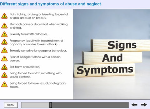 Screen showing signs and symptoms of abuse and neglect with a stack of books labeled 'Signs And Symptoms'.