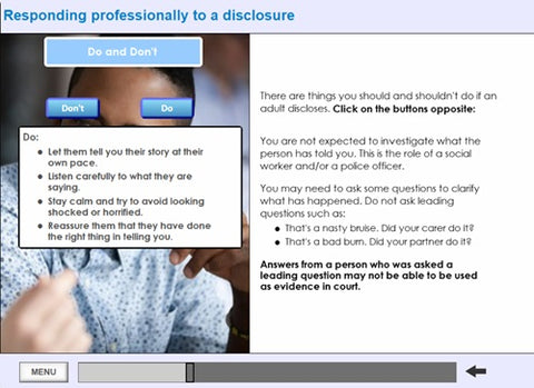 Educational interface about responding professionally to a disclosure, with text and buttons on a screen.