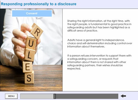 Hand arranging wooden blocks spelling rules the word rules on a screen, explaining rules about sharing information