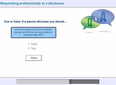 Educational quiz screen with question about responding to a disclosure